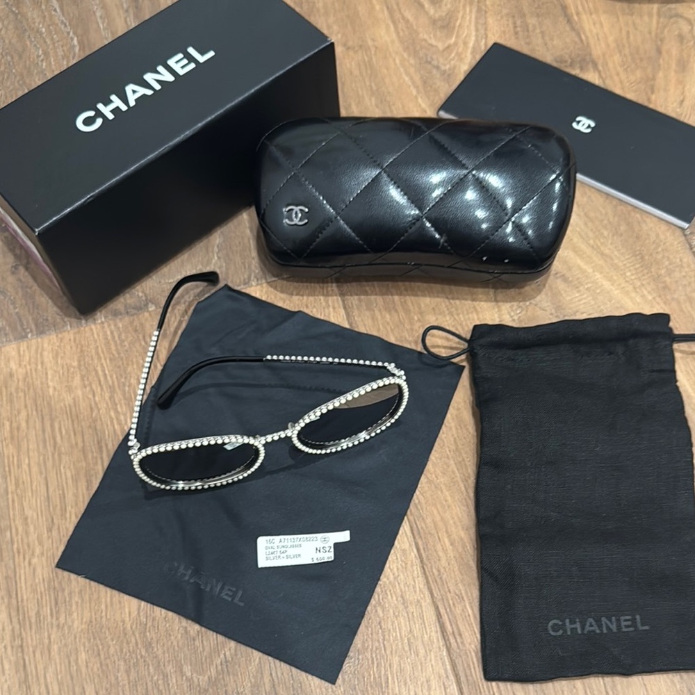 Chanel Black Quilted Sunglasses with Rhinestone Detail